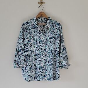 Chico's No Iron Stretch Blue Green Twisted Ivy Scroll Print Size XXL